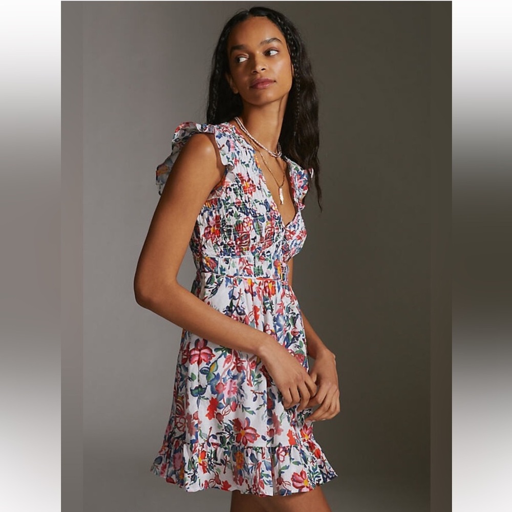 Like New Anthropologie Peregrine Smocked Mini Dress Floral Women’s Size M Petite
